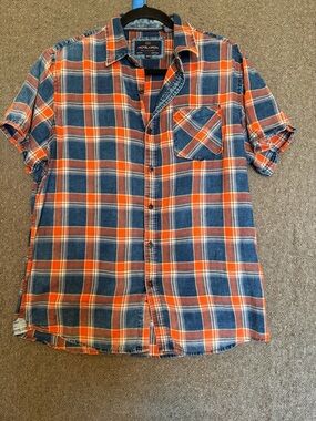 Orange and Blue Plaid Short-Sleeve Button-Up Shirt